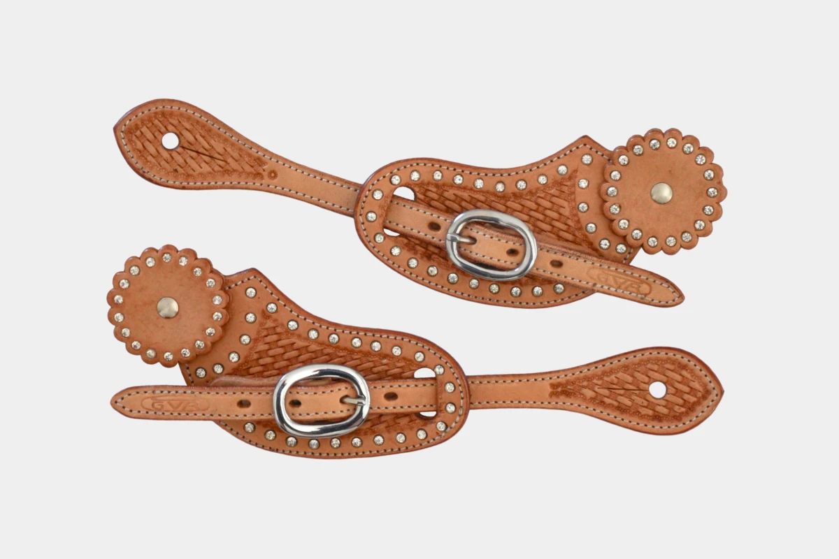 Cattlemans, GVR - Sporenriemen crystal white round basket tooling with leather concho, show, spur straps, Lederconchos, Strass, russet Cattlemans, GVR - Sporenriemen crystal white round basket tooling with leather concho, show, spur straps, Lederconchos, Strass, russet