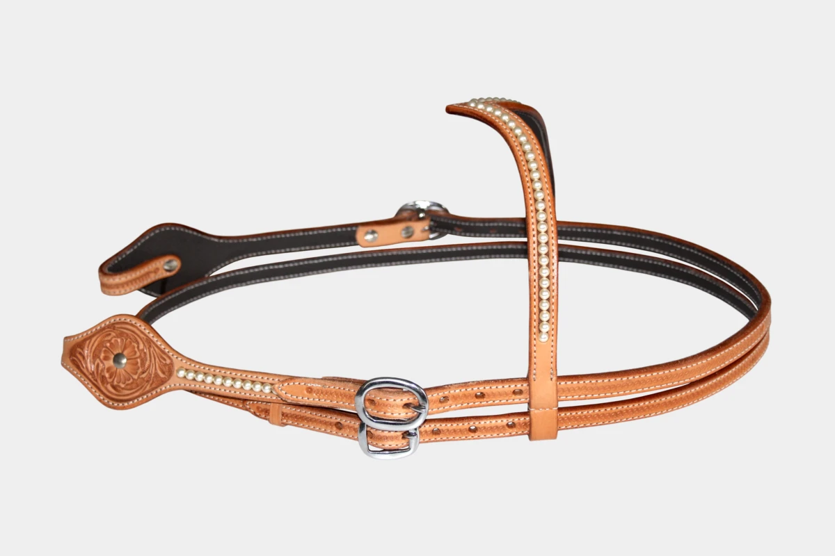Cattlemans, GVR - V-Stirnband oval Swarovski pearls flower tooling, Show, Westerntrense, Quarter Horse, v-browband, Perlen, russet Cattlemans, GVR - V-Stirnband oval Swarovski pearls flower tooling, Show, Westerntrense, Quarter Horse, v-browband, Perlen, russet