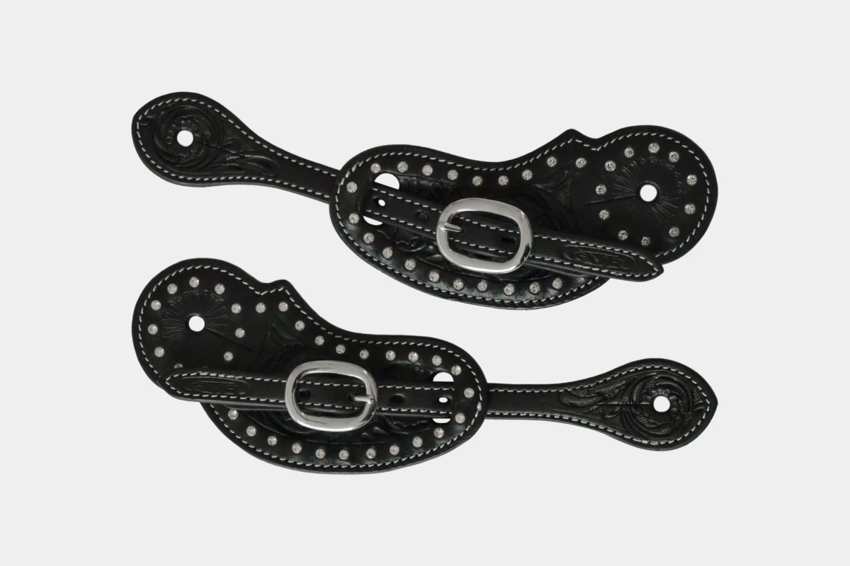 Cattlemans, GVR - Sporenriemen crystal white round flower tooling, show, spur straps, Strass, black