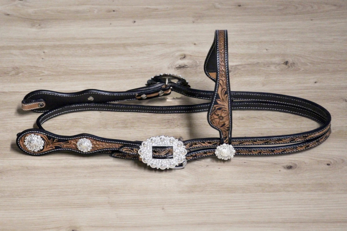 Cattlemans, GVR - Unique Show Stirnband russet-black double round and Buckle Sets Crystal dots white, Westerntrense, Quarter Horse, browband Cattlemans, GVR - Unique Show Stirnband russet-black double round and Buckle Sets Crystal dots white, Westerntrense, Quarter Horse, browband