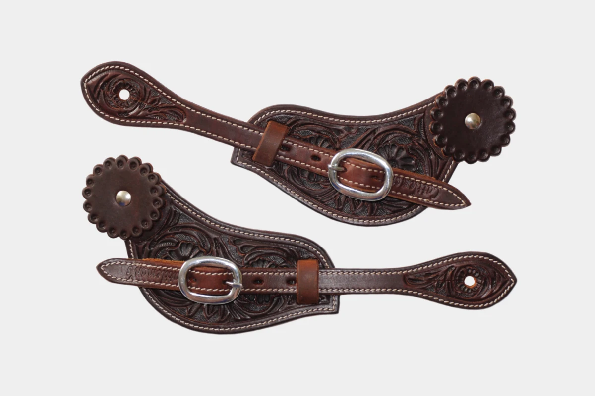 Cattlemans, GVR - Sporenriemen curved flower tooling with leather concho, spur straps, Leder, dark chestnut