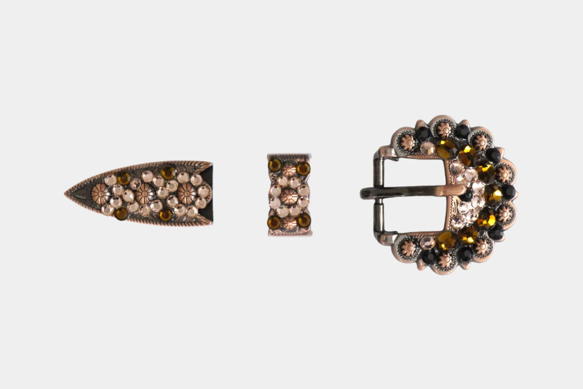 Cattlemans, GVR - Buckle set crystal round black tea, loop, tip, Schnalle, Strass, rhinestone, schwarz, pfirsich, peach, smoked topaz