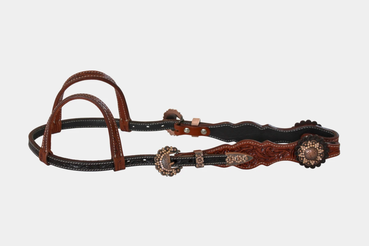 Cattlemans, GVR - Zweiohr round scalloped crystal copper peach flower tooling, Westerntrense, Quarter Horse, two ear, antique chestnut, brown Cattlemans, GVR - Zweiohr round scalloped crystal copper peach flower tooling, Westerntrense, Quarter Horse, two ear, antique chestnut, brown
