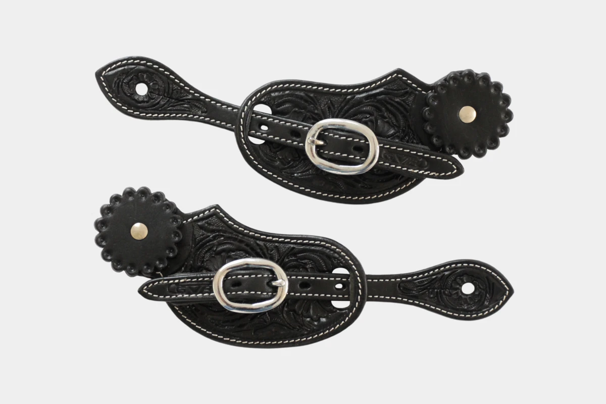 Cattlemans, GVR - Ladies Sporenriemen round flower tooling with leather concho, spur straps, Leder, black Cattlemans, GVR - Ladies Sporenriemen round flower tooling with leather concho, spur straps, Leder, black