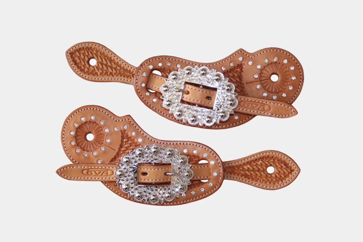 Cattlemans, GVR - Sporenriemen crystal dots white round basket tooling, Show, spur straps, Strass, russet Cattlemans, GVR - Sporenriemen crystal dots white round basket tooling, Show, spur straps, Strass, russet