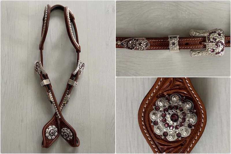 Einohr/Zweiohr oval Swarovski pearls flower tooling in chestnut mit Buckle Sets crystal und Rhinestone Conchos crystal in amethyst