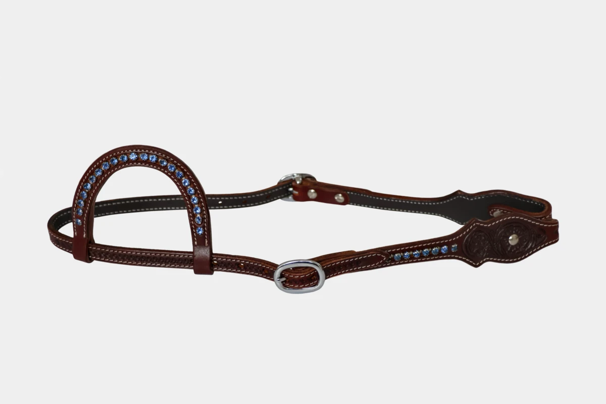 Cattlemans, GVR - Einohr scalloped crystal blue flower tooling, Show, Westerntrense, Quarter Horse, one ear, Strass, blau, dark chestnut