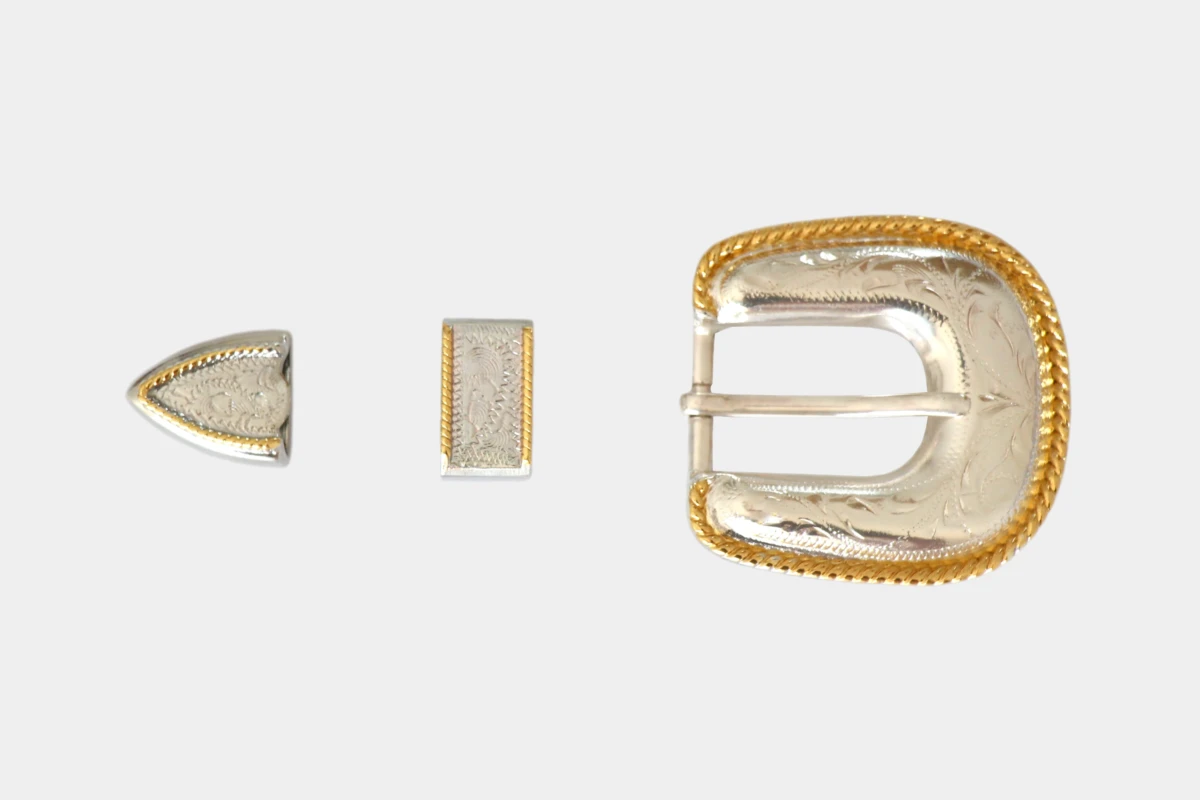 Buckle set gold rope edged, loop, tip, steel, Stahl Buckle set gold rope edged, loop, tip, steel, Stahl