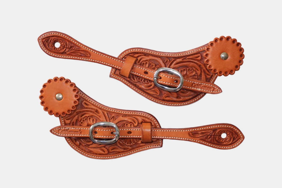 Cattlemans, GVR - Sporenriemen curved flower tooling with leather concho, spur straps, Leder, chestnut