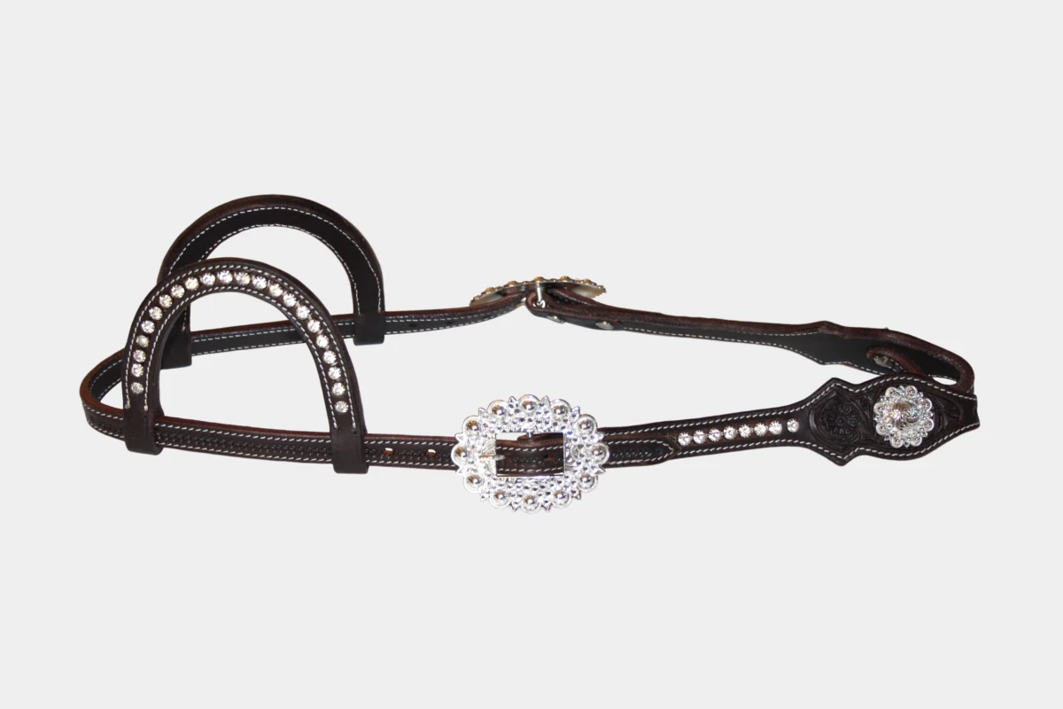 Cattlemans, GVR - Zweiohr scalloped crystal dots white flower tooling, Show, Westerntrense, Quarter Horse, two ear, Strass, weiß, brown Cattlemans, GVR - Zweiohr scalloped crystal dots white flower tooling, Show, Westerntrense, Quarter Horse, two ear, Strass, weiß, brown