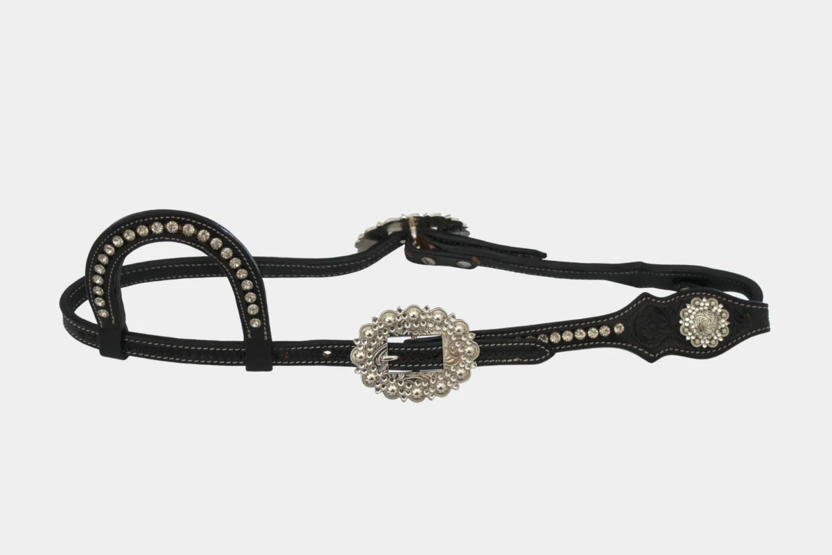 Cattlemans, GVR - Einohr scalloped crystal dots white flower tooling, Show, Westerntrense, Quarter Horse, one ear, Strass, weiß, black