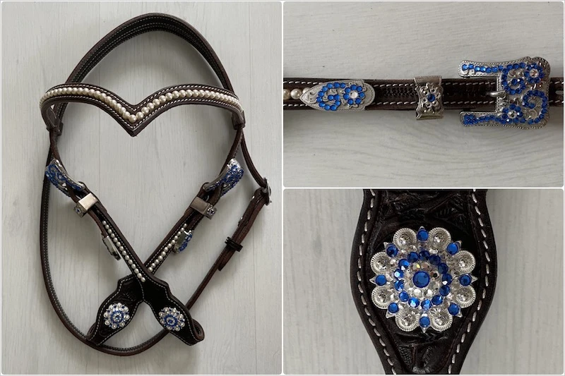 V-Stirnband scalloped Swarovski pearls flower tooling in brown mit Buckle Sets crystal und Rhinestone Conchos in sapphire