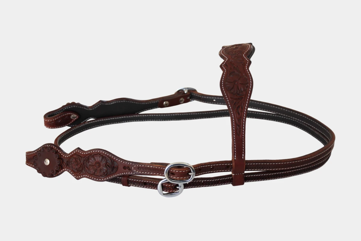 Cattlemans, GVR - Stirnband double large scalloped flower tooling, Westerntrense, Quarter Horse, browband, dark chestnut Cattlemans, GVR - Stirnband double large scalloped flower tooling, Westerntrense, Quarter Horse, browband, dark chestnut