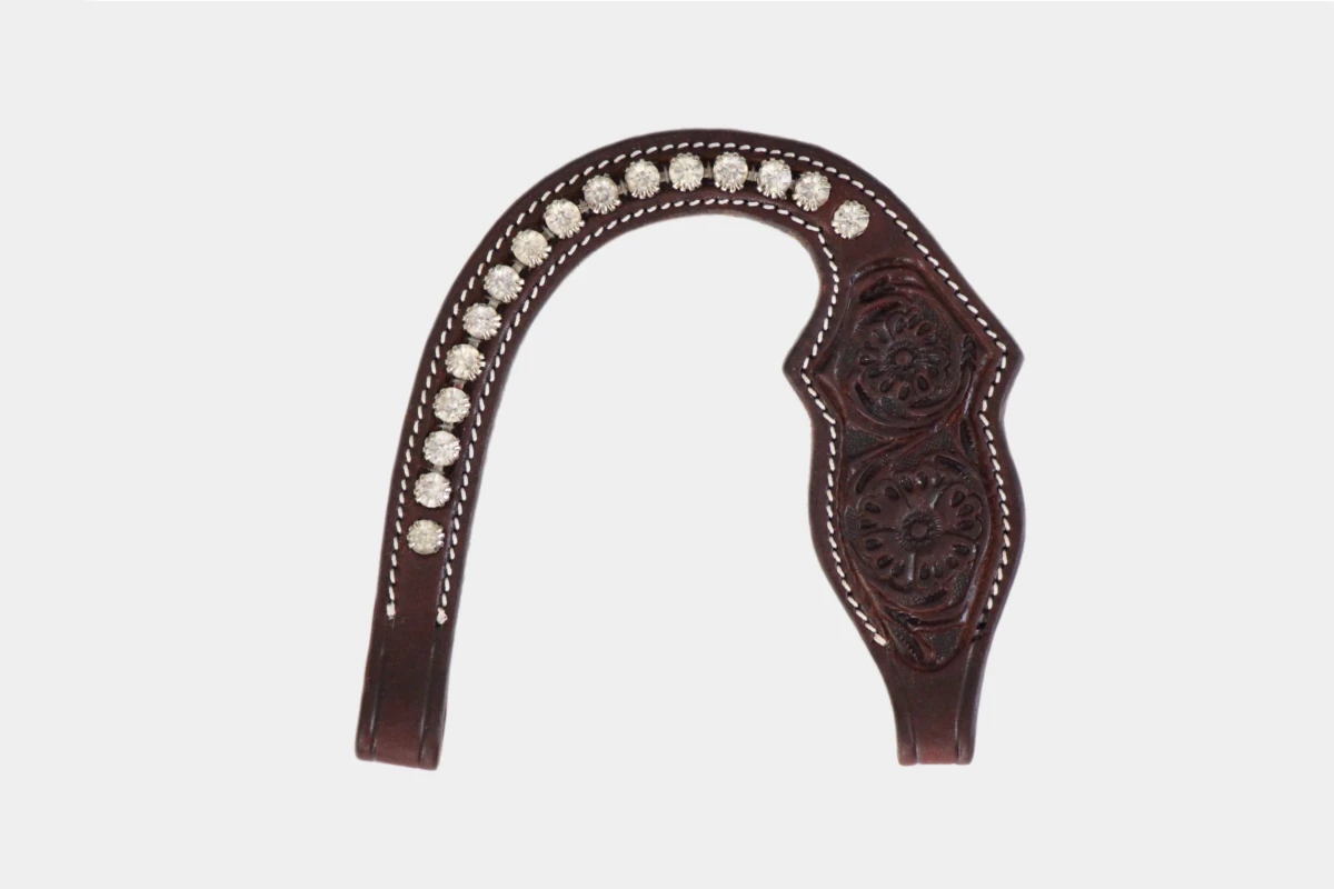 Cattlemans, GVR - Ohrteil scalloped crystal white flower tooling, earpeace, Strass, Leder, leather, weiß, dark chestnut Cattlemans, GVR - Ohrteil scalloped crystal white flower tooling, earpeace, Strass, Leder, leather, weiß, dark chestnut