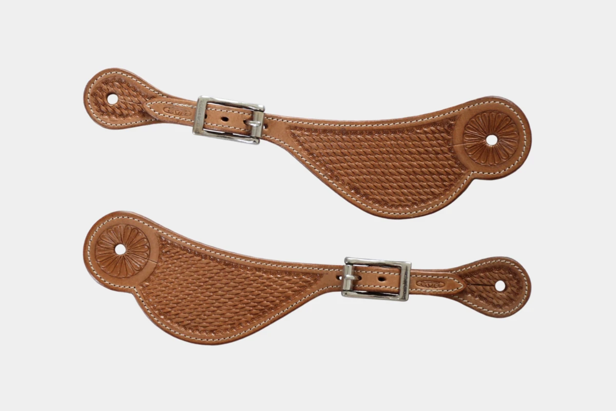 Cattlemans, GVR - Sporenriemen basket tooling, spur straps, Leder, leather, russet