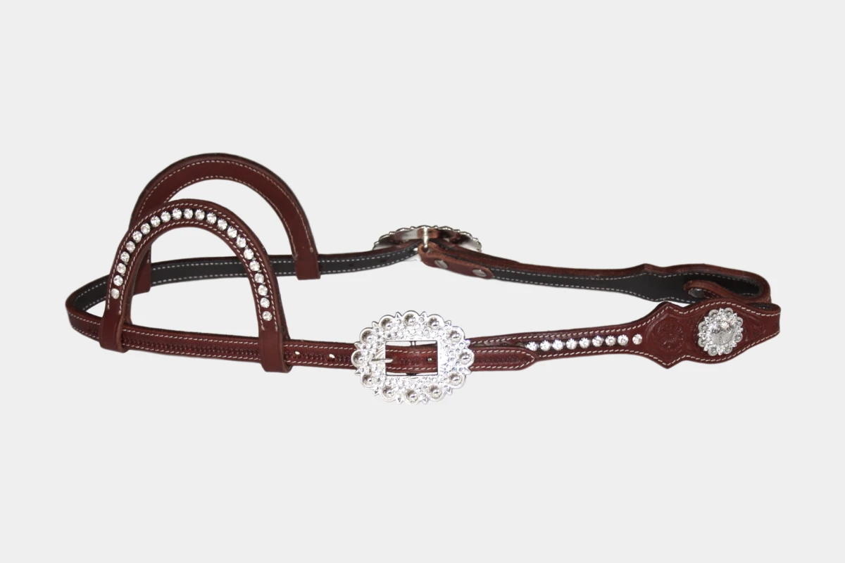 Cattlemans, GVR - Zweiohr scalloped crystal dots white flower tooling, Show, Westerntrense, Quarter Horse, two ear, Strass, weiß, dark chestnut Cattlemans, GVR - Zweiohr scalloped crystal dots white flower tooling, Show, Westerntrense, Quarter Horse, two ear, Strass, weiß, dark chestnut