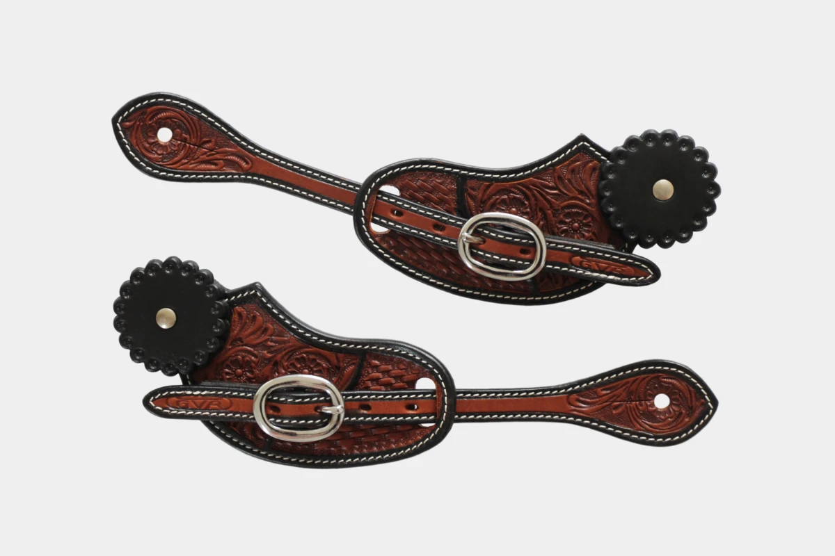 Cattlemans, GVR - Spur straps round combo tooling with leather concho black edge, lederconcho, Leder, leather, schwarz, chestnut Cattlemans, GVR - Spur straps round combo tooling with leather concho black edge, lederconcho, Leder, leather, schwarz, chestnut