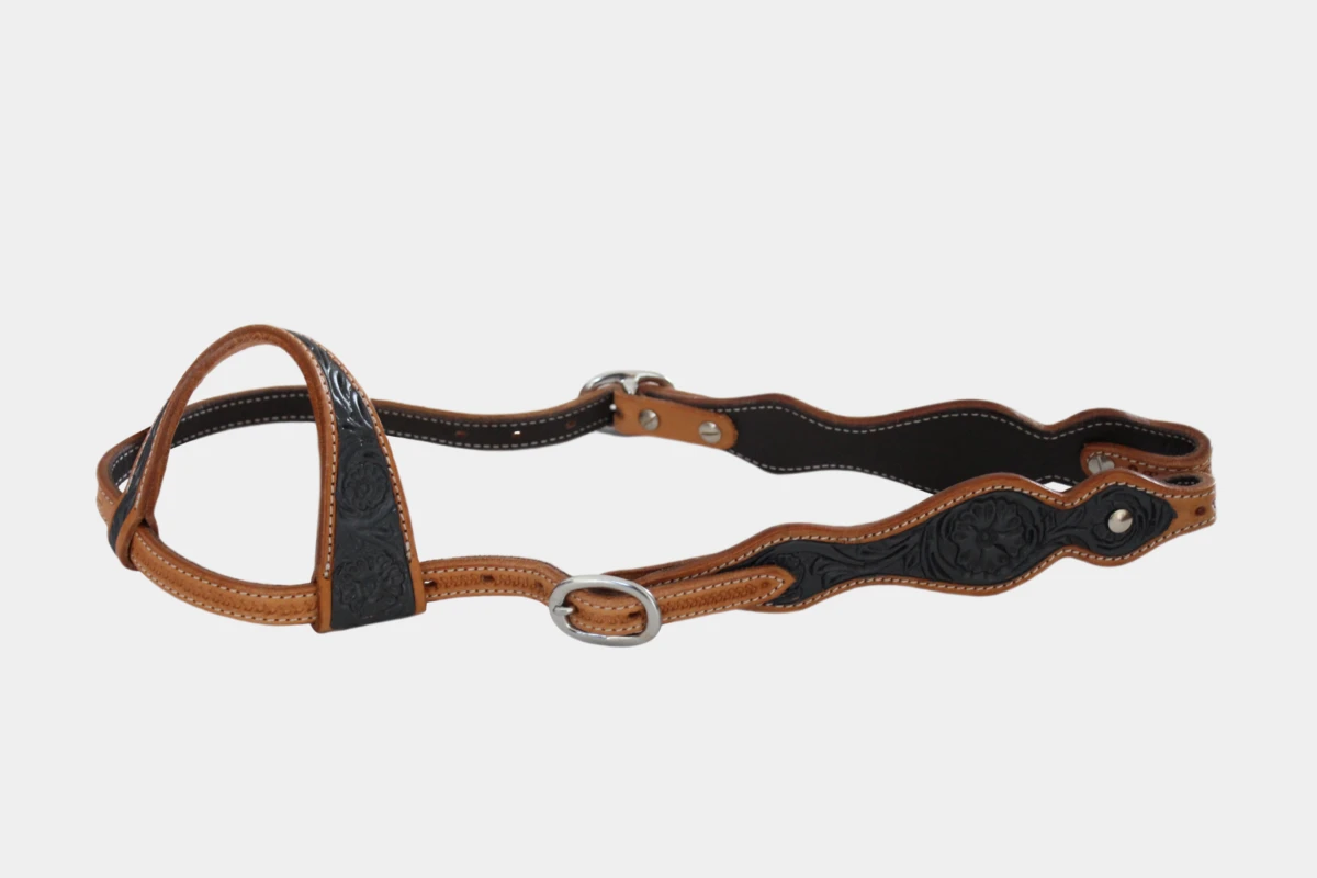 Cattlemans, GVR - Einohr double curved russet-grey flower tooling, one ear, Leder, leather, russet, grey, grau