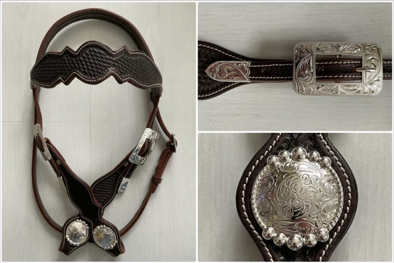 Stirnband large scalloped basket tooling in brown mit German silver buckle set square und German silver concho bubble