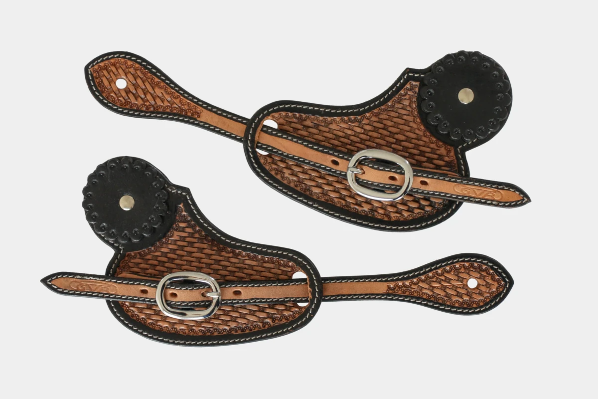 Cattlemans, GVR - Sporenriemen round two tone basket tooling with leather concho, unisex, lederconcho, Leder, leather, schwarz, antique russet
