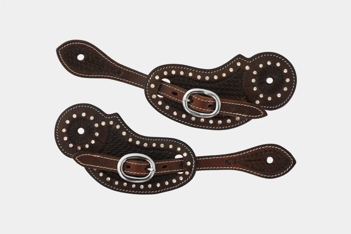 Cattlemans, GVR - Sporenriemen crystal white round basket tooling, show, spur straps, Strass, dark chestnut Cattlemans, GVR - Sporenriemen crystal white round basket tooling, show, spur straps, Strass, dark chestnut