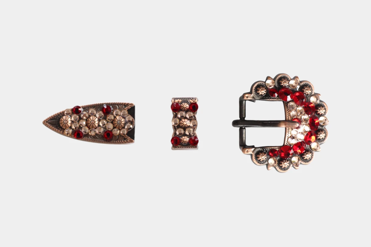 Cattlemans, GVR - Buckle set crystal round copper ruby, loop, tip, Schnalle, Strass, Kupfer, peach, pfirsich, orange, red, rot Cattlemans, GVR - Buckle set crystal round copper ruby, loop, tip, Schnalle, Strass, Kupfer, peach, pfirsich, orange, red, rot