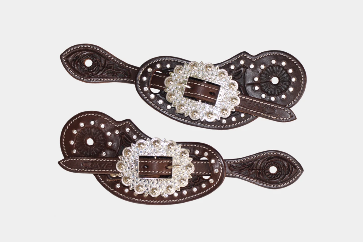 Cattlemans, GVR - Sporenriemen crystal dots white round flower tooling, spur straps, Strass, weiß, brown
