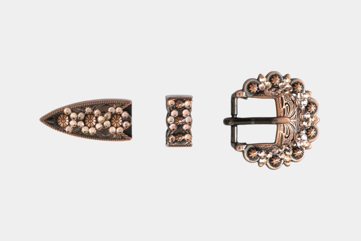 Cattlemans, GVR - Buckle set crystal round copper peach, loop, tip, Schnalle, pfirisch, orange, Kupfer Cattlemans, GVR - Buckle set crystal round copper peach, loop, tip, Schnalle, pfirisch, orange, Kupfer