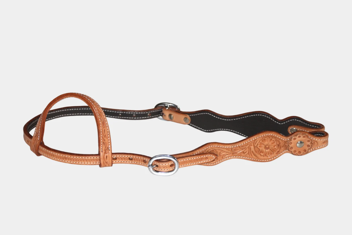 Cattlemans, GVR - Einohr curved flower tooling with leather concho, Westerntrense, Quarter Horse, one ear, russet