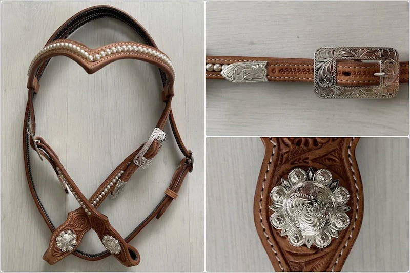 V-Stirnband scalloped Swarovski pearls flower tooling in russet mit Buckle Sets silver square< und Conchos silver berry
