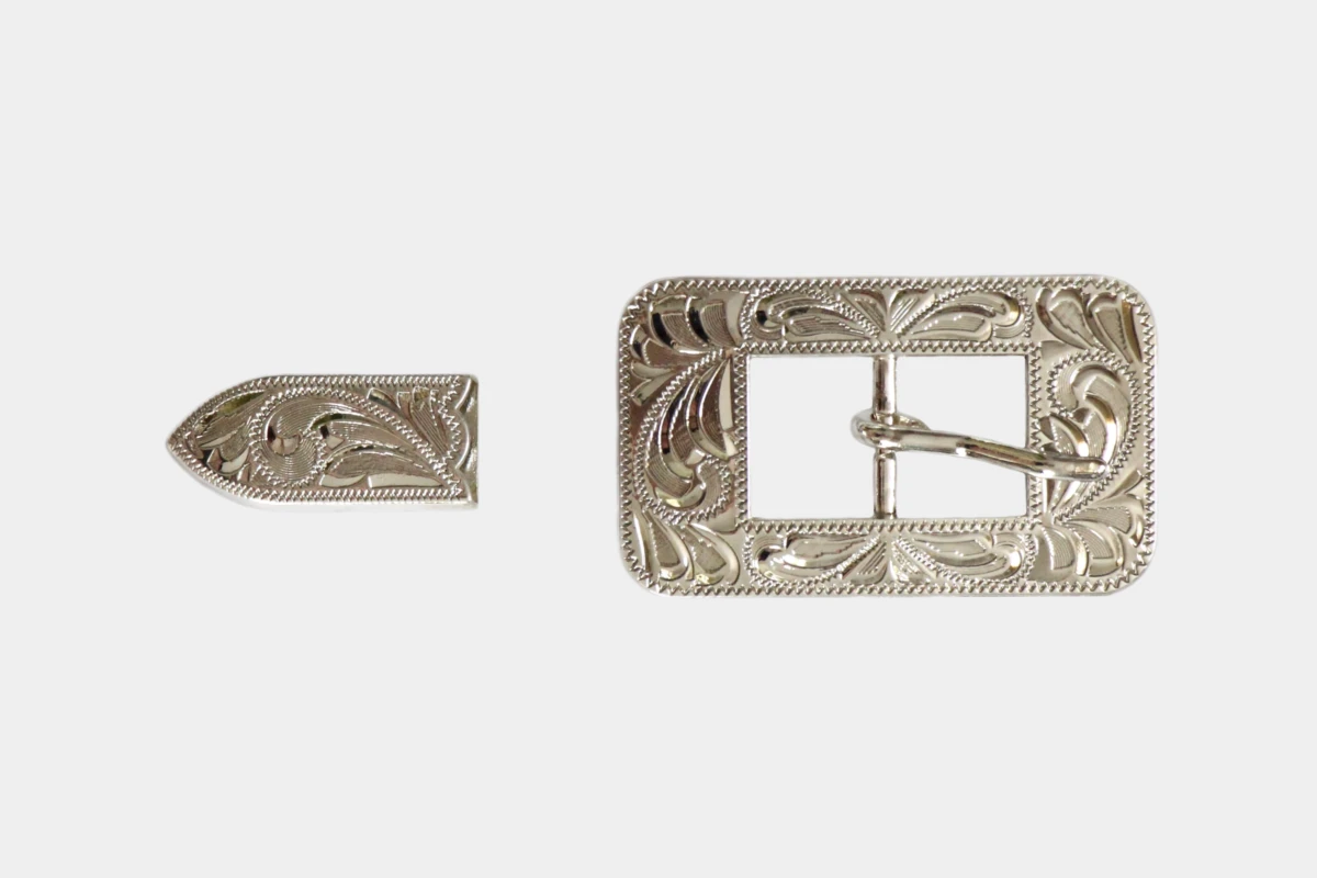 Cattlemans, GVR - Buckle set silver square, graviert, Schnalle, Tip, engraved, Silber