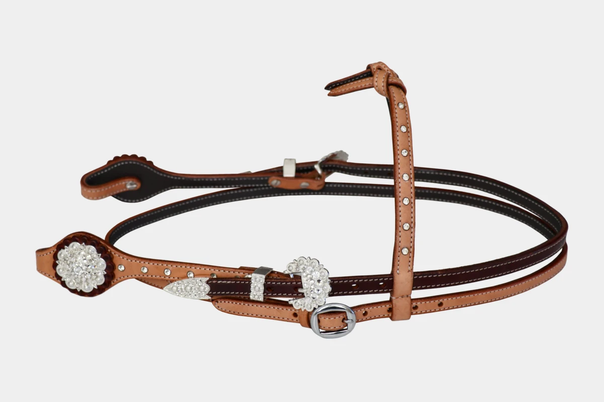 Cattlemans, GVR - Knotenstirnband futurity oval russet-brown crystal white, Westerntrense, Show, Quarter Horse, sadesa leather, leder, knotted, browband, Strasssteine, weiss