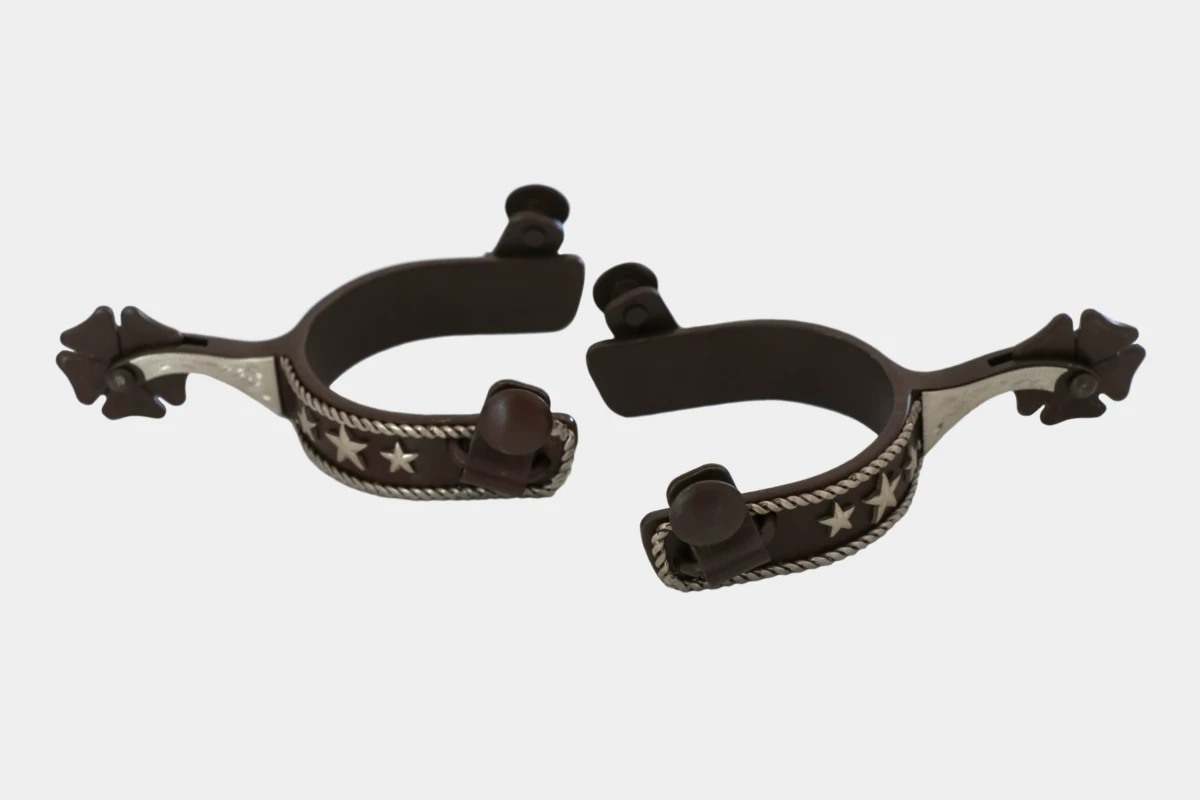 Pro Stuff - Sporen brown steel silver stars and clover leaf, spurs, braun, versilbert, Stahl Pro Stuff - Sporen brown steel silver stars and clover leaf, spurs, braun, versilbert, Stahl