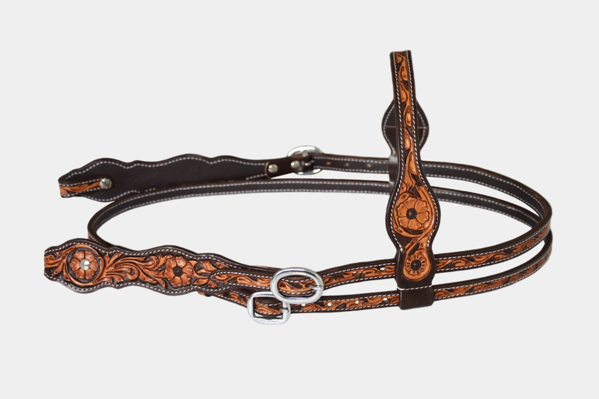 Cattlemans, GVR - Stirnband double round scalloped two tone flower tooling, Westerntrense, Quarter Horse, browband, russet, brown