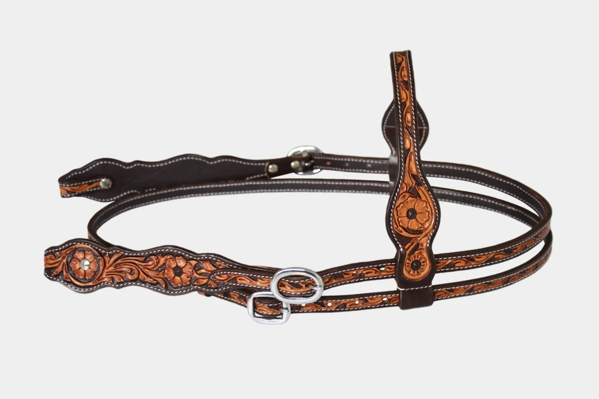 Cattlemans, GVR - Stirnband double round scalloped two tone flower tooling, Westerntrense, Quarter Horse, browband, russet, brown Cattlemans, GVR - Stirnband double round scalloped two tone flower tooling, Westerntrense, Quarter Horse, browband, russet, brown