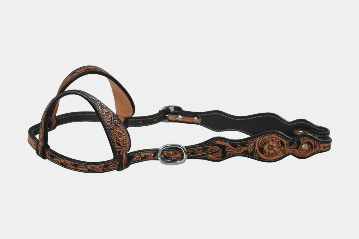 Cattlemans, GVR - Zweiohr double curved two tone flower tooling, Westerntrense, Quarter Horse, two ear, black, russet