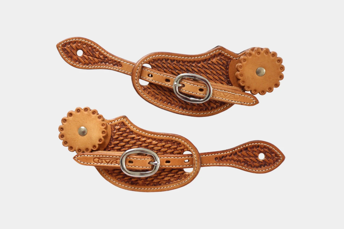 Cattlemans, GVR - Ladies Sporenriemen round basket tooling with leather concho, spur straps, Leder, antique russet