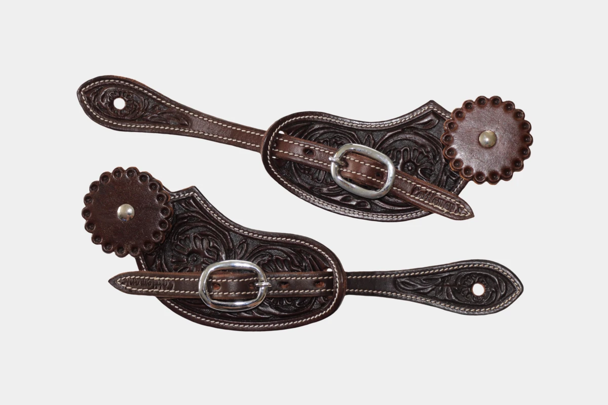 Cattlemans, GVR - Sporenriemen round flower tooling with leather concho, spur straps, Leder, brown
