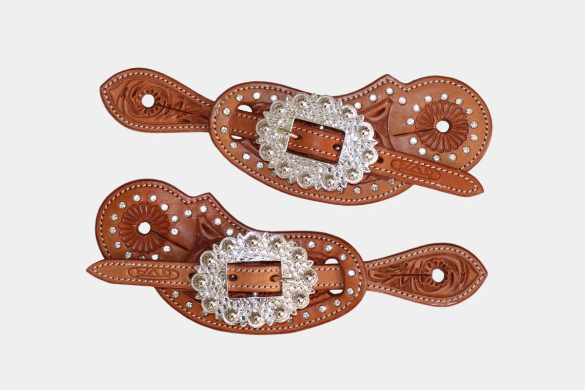 Cattlemans, GVR - Sporenriemen crystal dots white round flower tooling, spur straps, Strass, weiss, russet