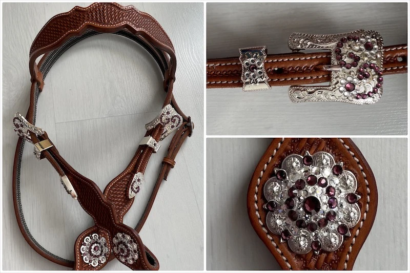 Stirnband large scalloped basket tooling in chestnut mit Buckle Sets crystal und Rhinestone Conchos crystal in amethyst