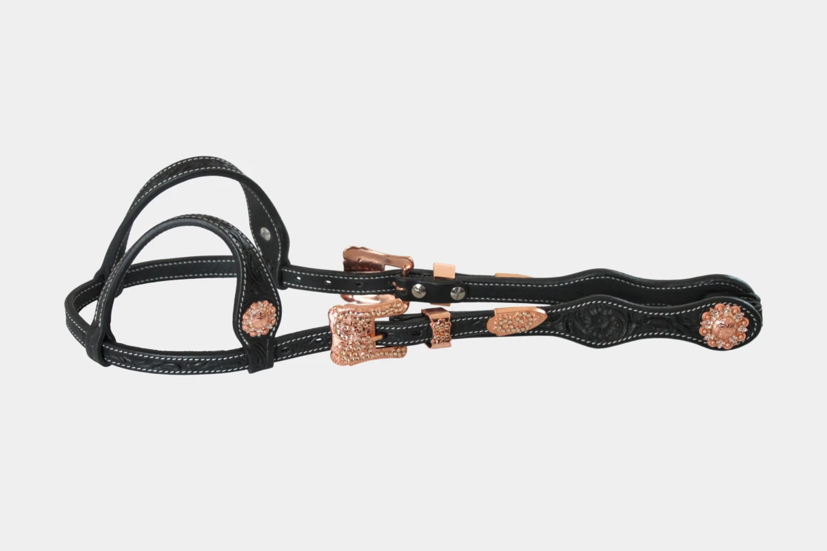 Cattlemans, GVR - Zweiohr double round curved rose gold crystal peach flower tooling, Westerntrense, Quarter Horse, two ear, Strass, pfirsich, orange, black Cattlemans, GVR - Zweiohr double round curved rose gold crystal peach flower tooling, Westerntrense, Quarter Horse, two ear, Strass, pfirsich, orange, black