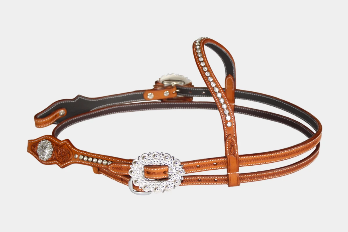Cattlemans, GVR - Stirnband scalloped crystal dots white flower tooling, Show, Westerntrense, Quarter Horse, browband, Strass, chestnut Cattlemans, GVR - Stirnband scalloped crystal dots white flower tooling, Show, Westerntrense, Quarter Horse, browband, Strass, chestnut