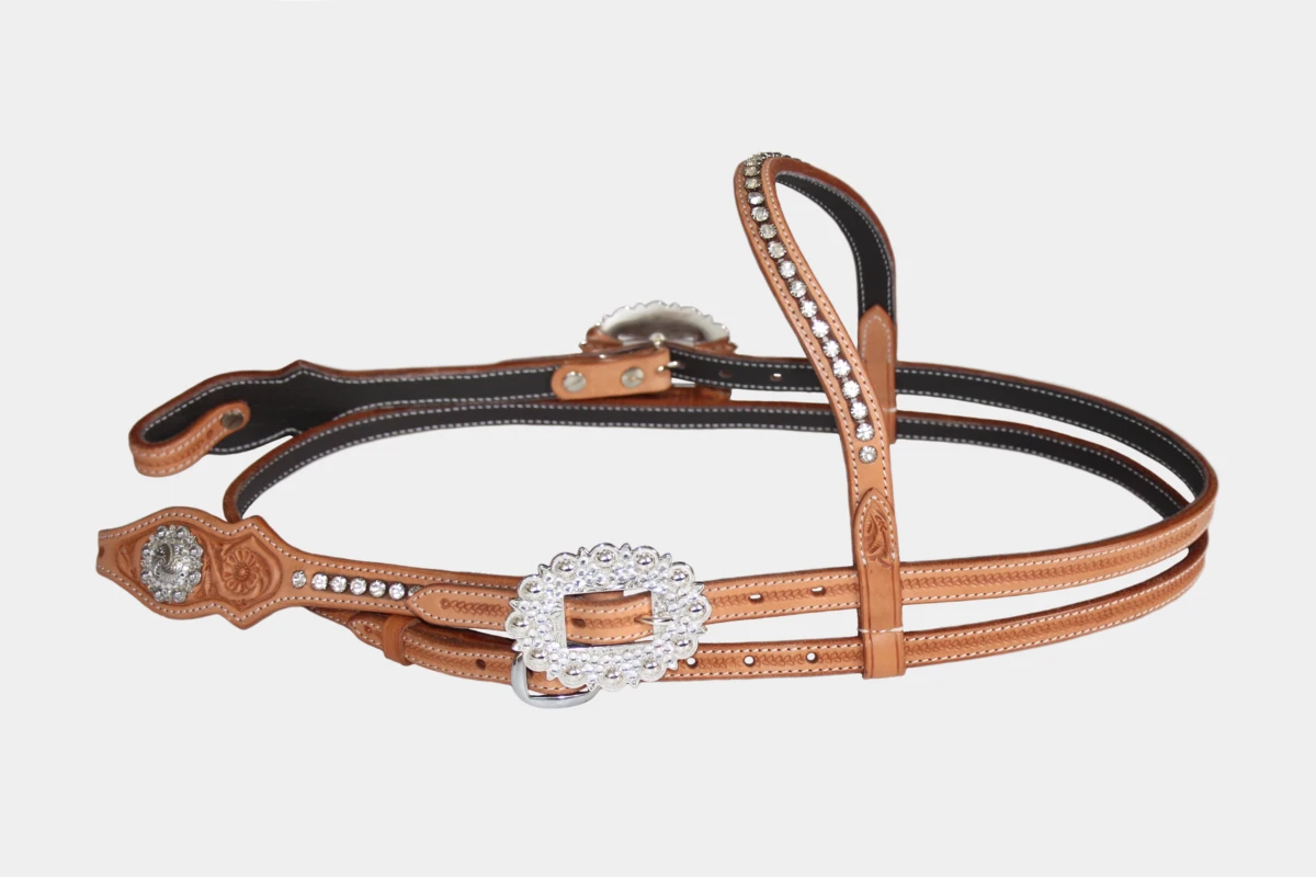 Cattlemans, GVR - Stirnband scalloped crystal dots white flower tooling, Show, Westerntrense, Quarter Horse, browband, Strass, rhinestone, weiss, Blumenpunzierung, russet