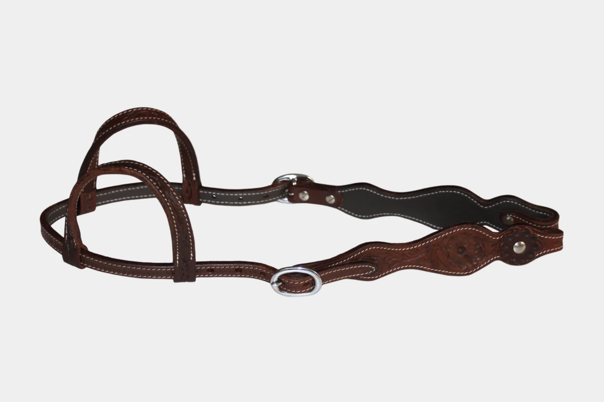Cattlemans, GVR - Zweiohr curved flower tooling with leather concho, Westerntrense, Quarter Horse, two ear, dark chestnut