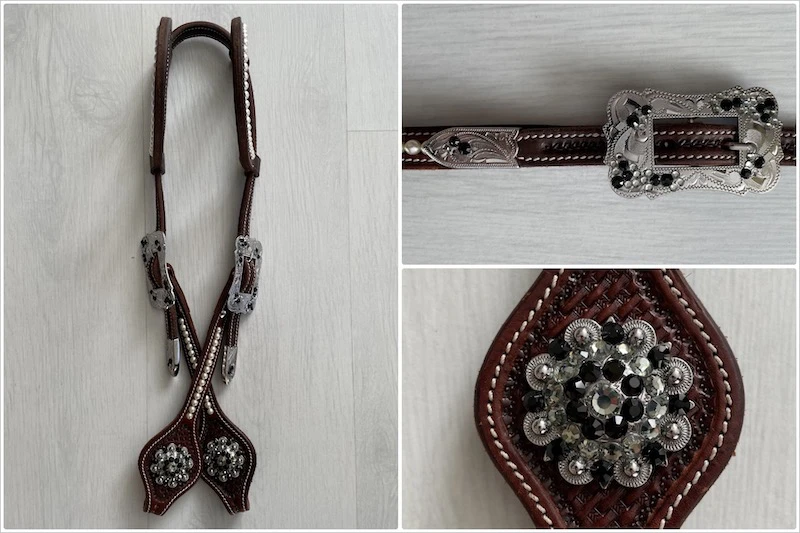 Einohr/Zweiohr oval Swarovski pearls basket tooling in dark chestnut mit Buckles crystal dots und Rhinestone Concho crystal in black