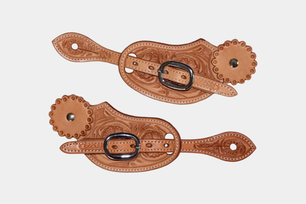 Cattlemans, GVR - Ladies Sporenriemen round flower tooling with leather concho, spur straps, Leder, russet Cattlemans, GVR - Ladies Sporenriemen round flower tooling with leather concho, spur straps, Leder, russet