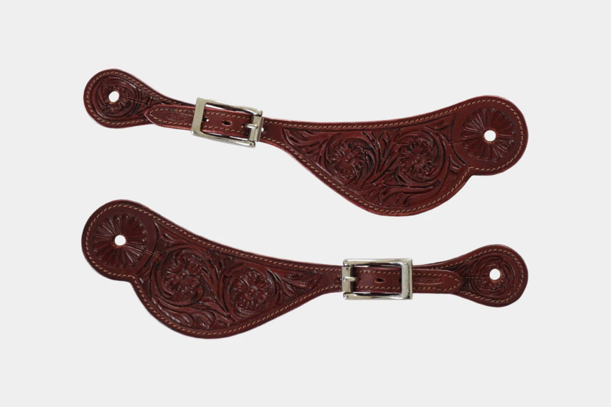 Cattlemans, GVR - Sporenriemen flower tooling, spur straps, Leder, leather, dark chestnut