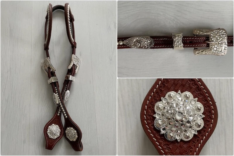 Einohr/Zweiohr oval Swarovski pearls basket tooling in dark chestnut mit Buckle Sets crystal und Rhinestone Conchos crystal in white