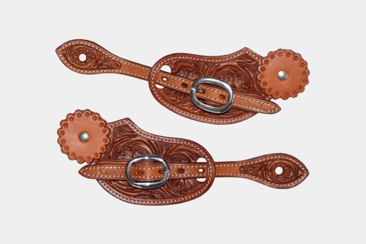Cattlemans, GVR - Ladies Sporenriemen round flower tooling with leather concho, spur straps, Leder, chestnut