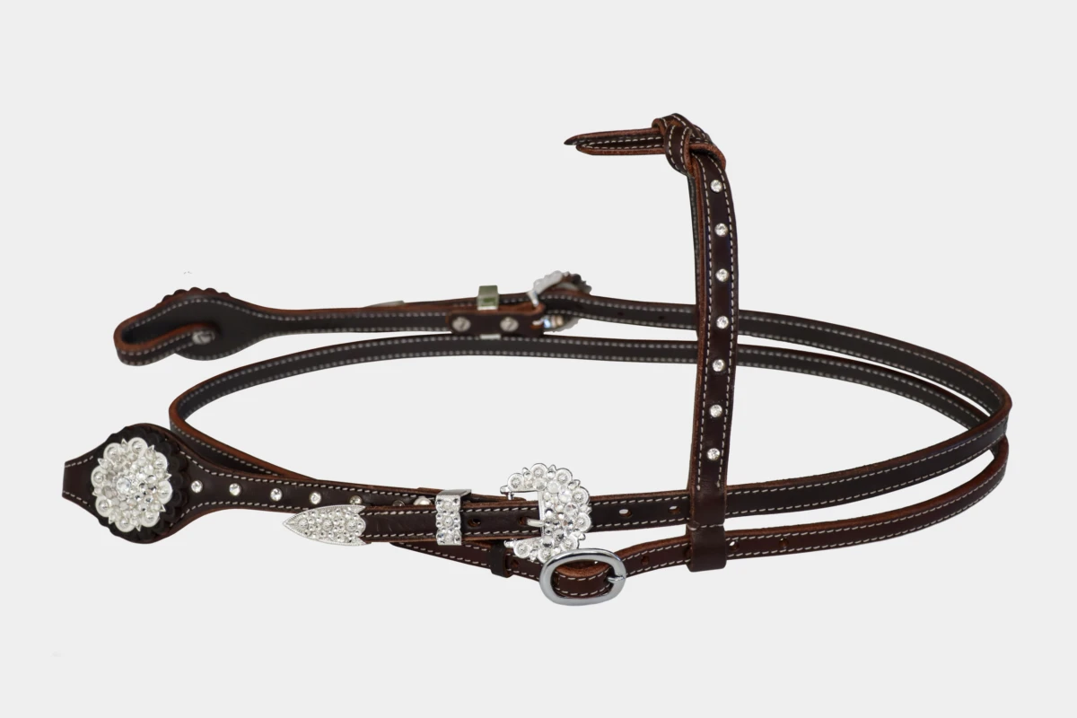 Cattlemans, GVR - Knotenstirnband futurity oval brown crystal white, Westerntrense, Show, Quarter Horse, sadesa leather, leder, knotted, browband, Strasssteine, weiss
